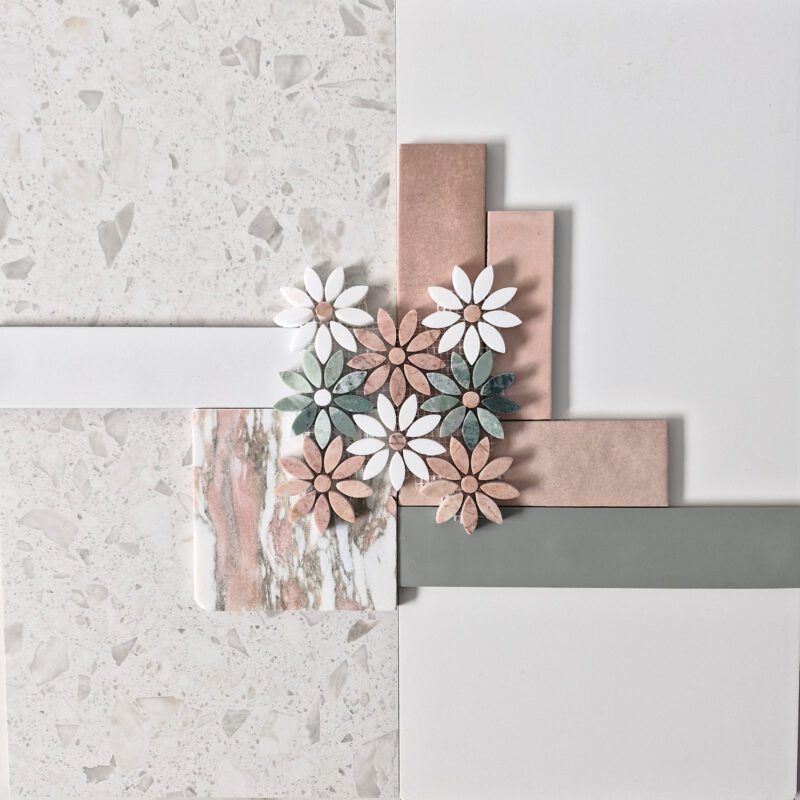 Antique Terrazzo, Inca Matt White, Mosaic Flower